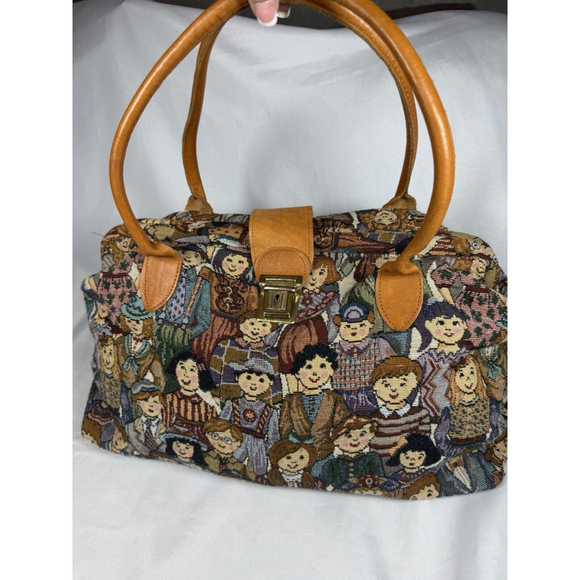Unbranded Handbags - Tapestry Children Of The World Print Handled Purse Tote Bag w/ People Faces Vtg